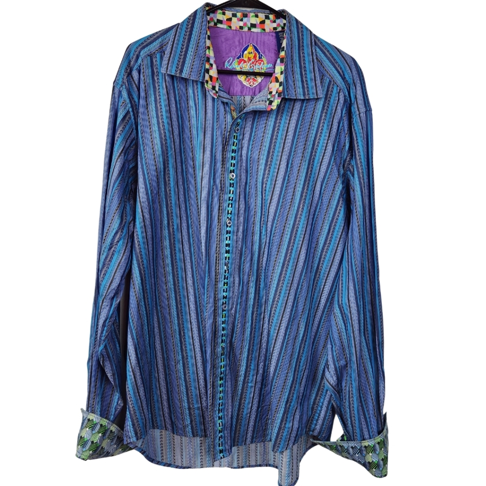 Robert Graham Flip Floral Cuff Shirt Mens 2XL Striped Button Down Blue Purple